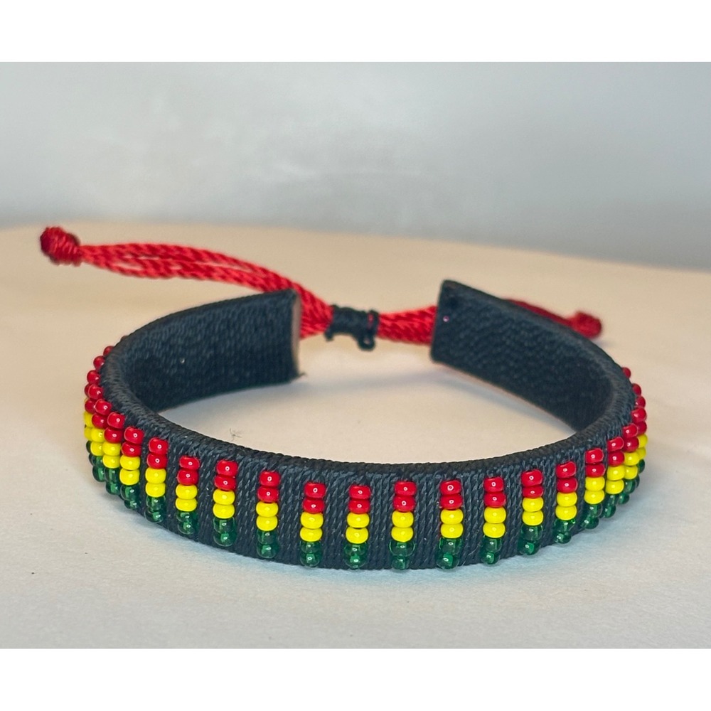 Rasta Beaded Bracelet Black Woven Cord Adjustable Red Yellow Green Seed Bead